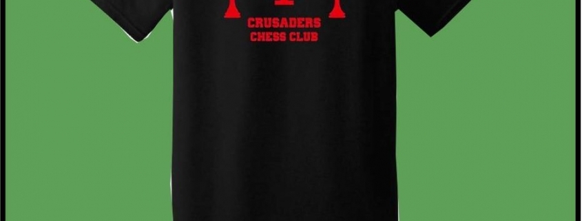 Black T-shirt with red Crusaders chess logo