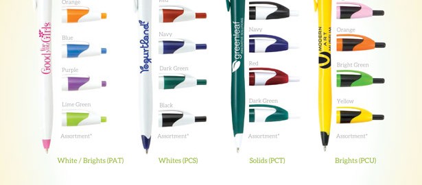 Assorted colorful Stratus promotional ballpoint pens display