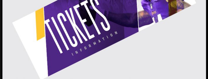 Purple football ticket design with dimensions 3.5x8
