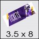 Purple football ticket design with dimensions 3.5x8
