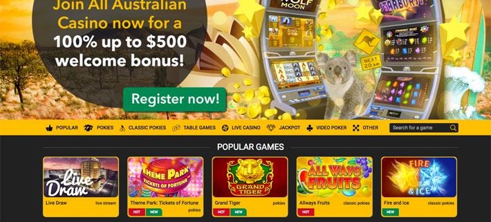 All Australian Casino homepage with welcome bonus