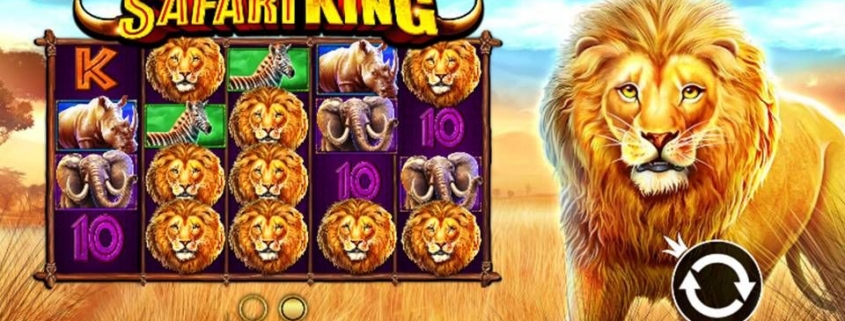 Safari King slot game screen with lion