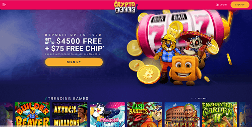 Crypto casino homepage with Bitcoin and slots