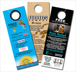 Three colorful promotional door hangers