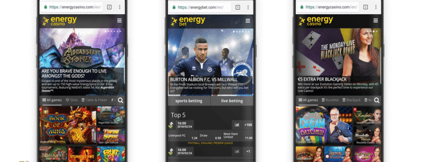 Three phones displaying Energy Casino website screens