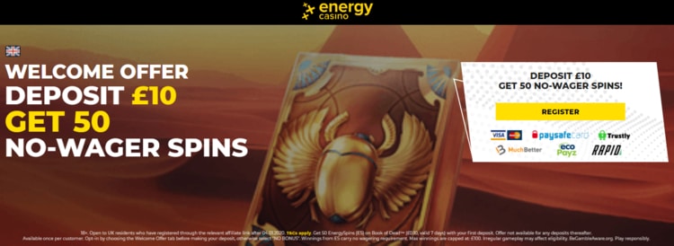 Energy Casino: deposit £10, get 50 spins