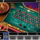 Online casino roulette table with wheel and chips