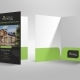 Real estate brochure with open green pocket folder