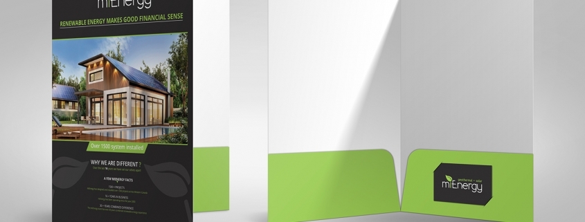 Real estate brochure with open green pocket folder