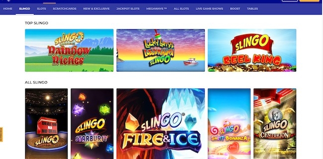 Online Slingo game thumbnails on casino website