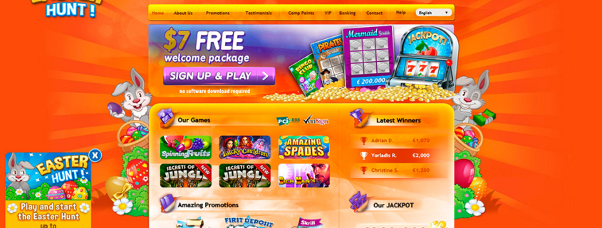 Easter themed online casino homepage with bunnies