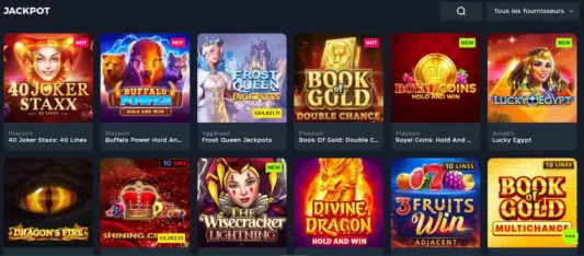 Grid of colorful online slot game thumbnails