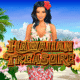 Woman in lei beside Hawaiian Treasure logo