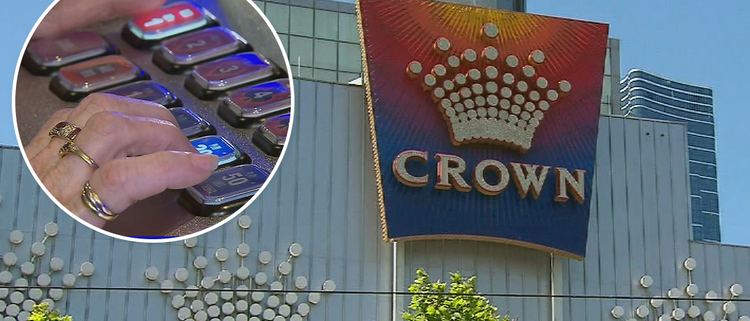 Crown casino exterior with hand pressing buttons