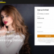 Woman beside online dating site signup form