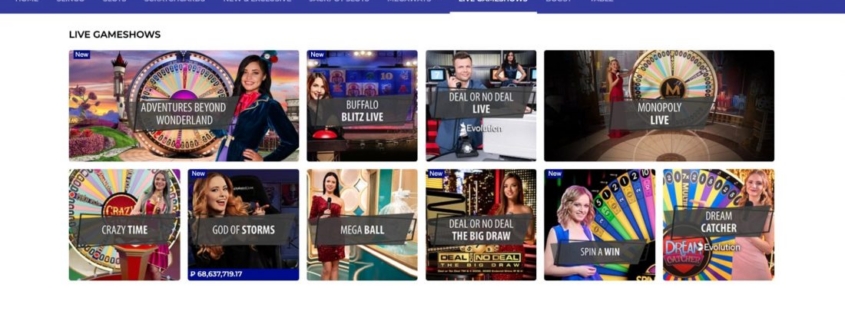 Grid of live casino gameshow thumbnails