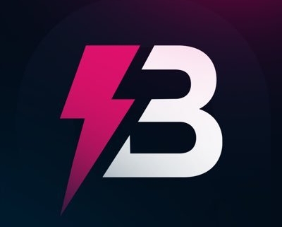 Stylized pink lightning and white B logo