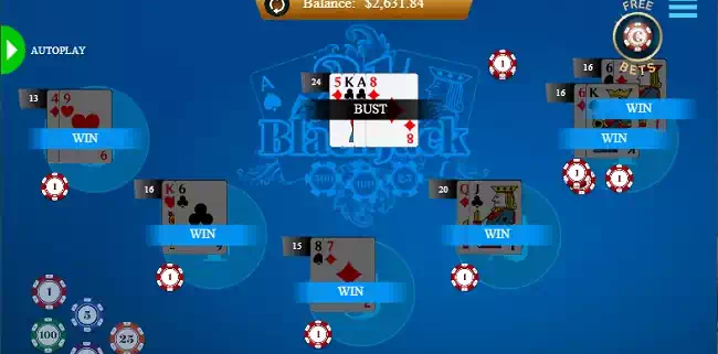 Online blackjack table with chips and wins