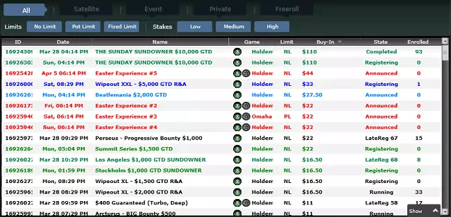 Online poker tournament lobby showing events list