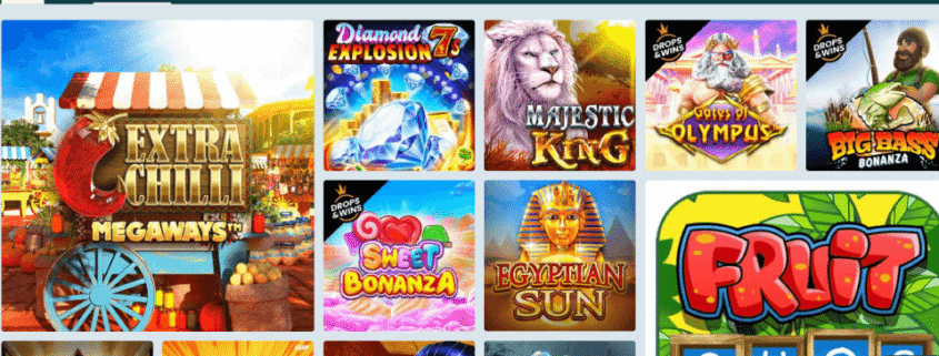 Grid of colorful online slot game thumbnails
