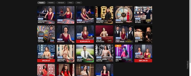 Grid of online casino live dealer thumbnails