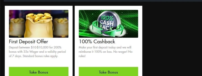 Website displaying two casino bonus offers