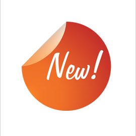 Peeling orange sticker with "New!" text
