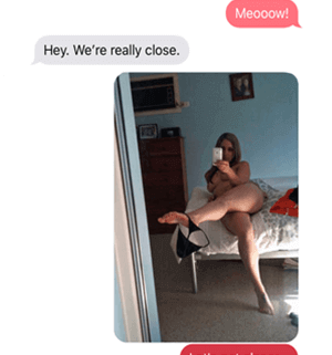 Dating app screenshot with bedroom mirror selfie