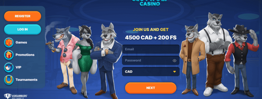 Anthropomorphic wolves promoting Slotwolf Casino