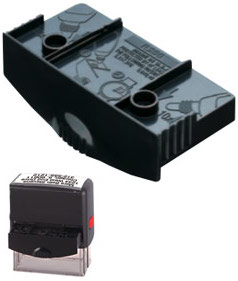 Black dual-hole pencil sharpener and self-inking stamp