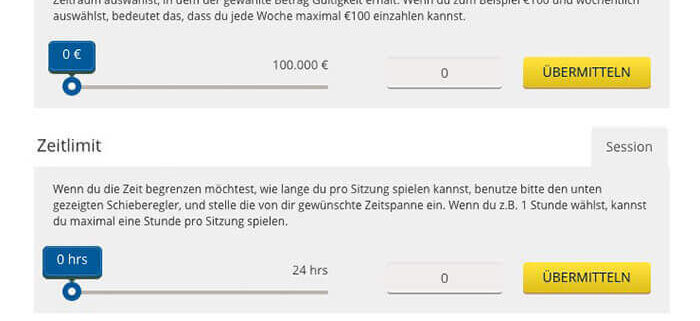 Settings page with deposit, time, bet sliders