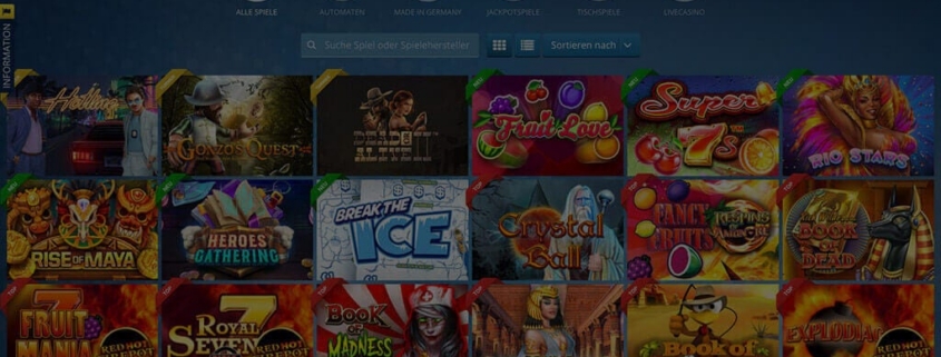 Grid of colorful online slot game thumbnails