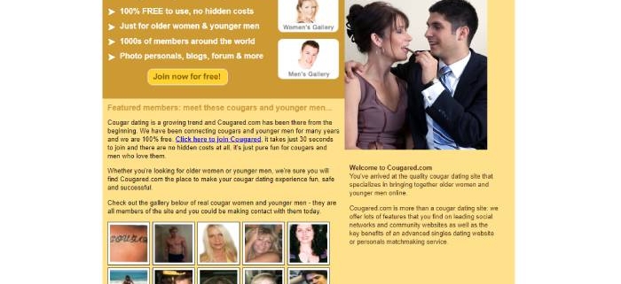 Cougared.com dating site homepage with couple
