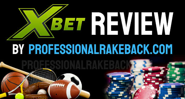 XBet review banner with sports and poker chips