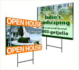 Two yard signs: open house and landscaping